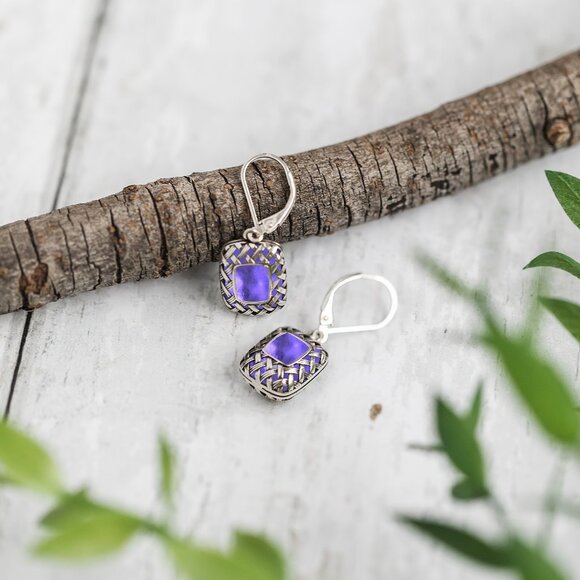 Recycled Early 1900's Purple Medicine Bottle Vintage Quilted Square Earrings - Picture 2 of 6